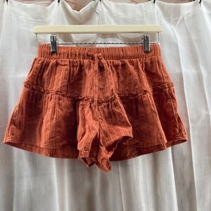 Boho Flirty Orange Eyelet Textured Tiered Ruffle Drawstring Shorts SHEIN S